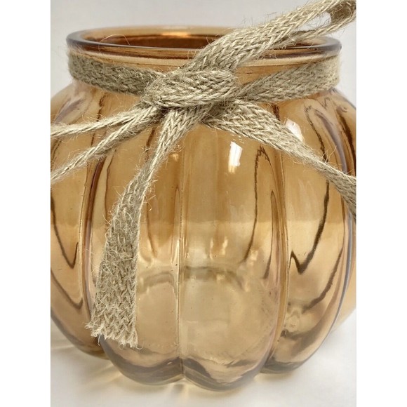 Pumpkin Orange Glass Candy Dish / Candle Holder With Burlap Bow Fall Autumn - Picture 2 of 6